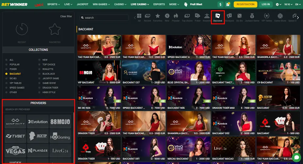 BetWinner Baccarat Games Screenshot